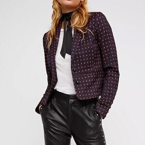 Free People Shrunken Jacquard Jacket Blazer Navy Maroon Geometric SMALL